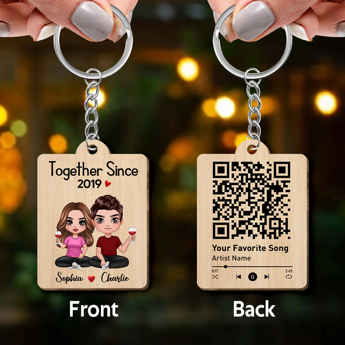 Doll Couple Sitting Favorite Song Scannable QR Code Personalized Wooden Keychain - Image 3