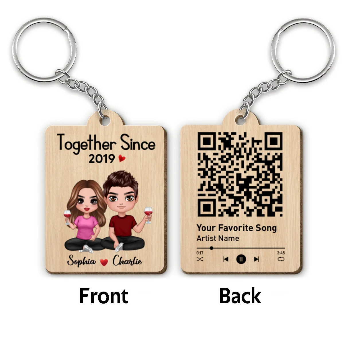 Doll Couple Sitting Favorite Song Scannable QR Code Personalized Wooden Keychain - Image 4
