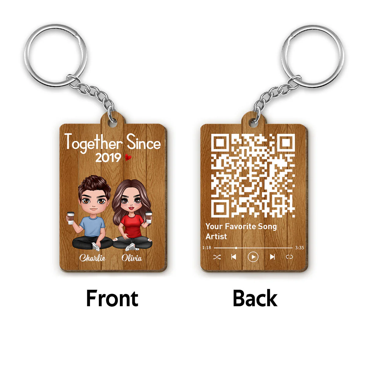 Doll Couple Sitting Favorite Song Scannable QR Code Personalized Wooden Keychain