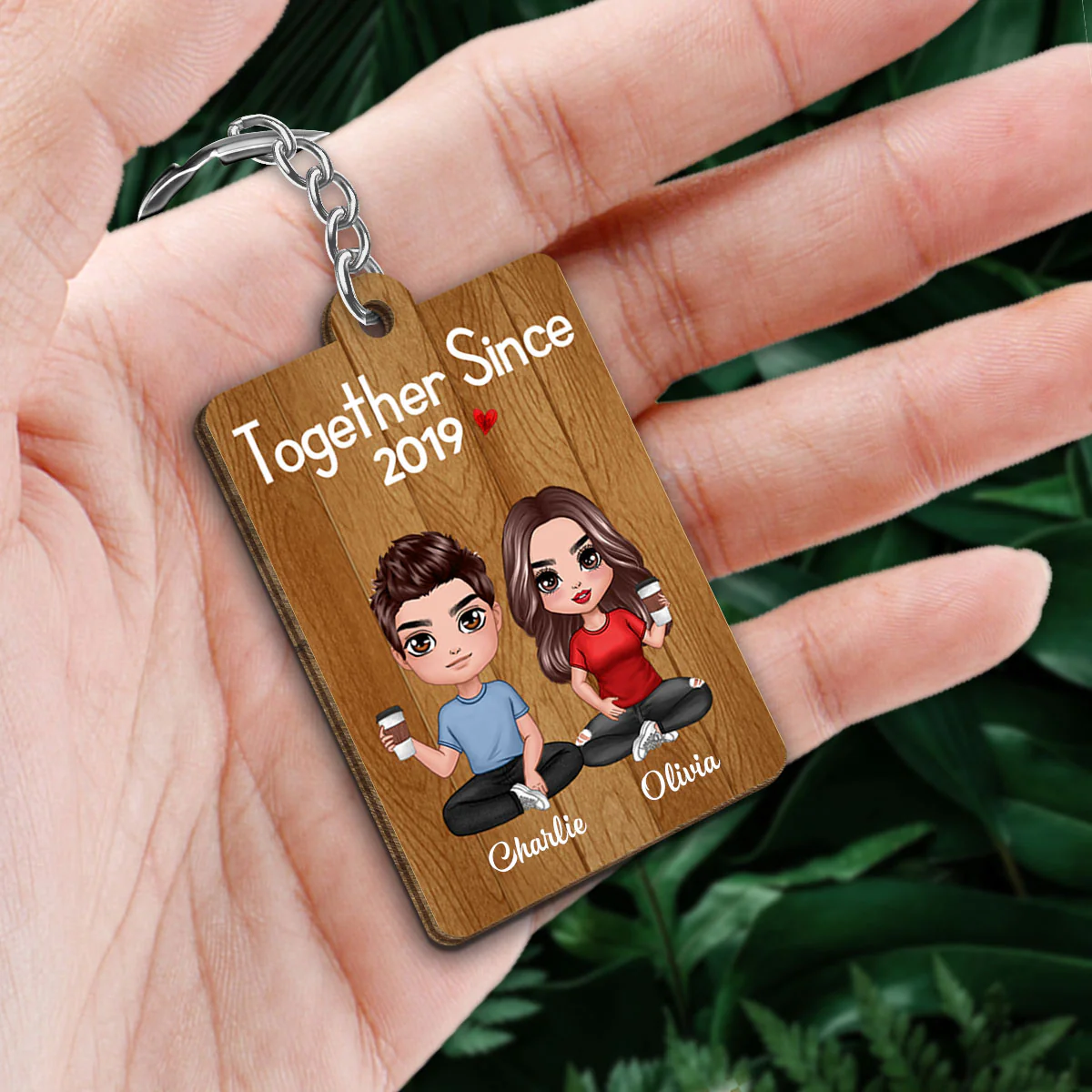 Doll Couple Sitting Favorite Song Scannable QR Code Personalized Wooden Keychain - Image 2