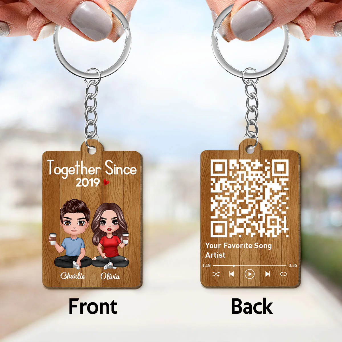 Doll Couple Sitting Favorite Song Scannable QR Code Personalized Wooden Keychain - Image 3
