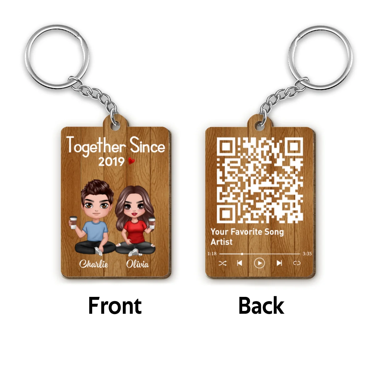 Doll Couple Sitting Favorite Song Scannable QR Code Personalized Wooden Keychain - Image 4