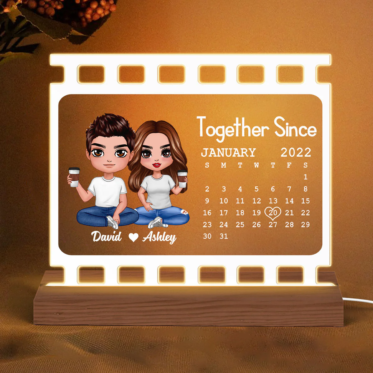 Doll Couple Sitting Film Calendar Personalized Custom Shape LED Night Light - Image 2