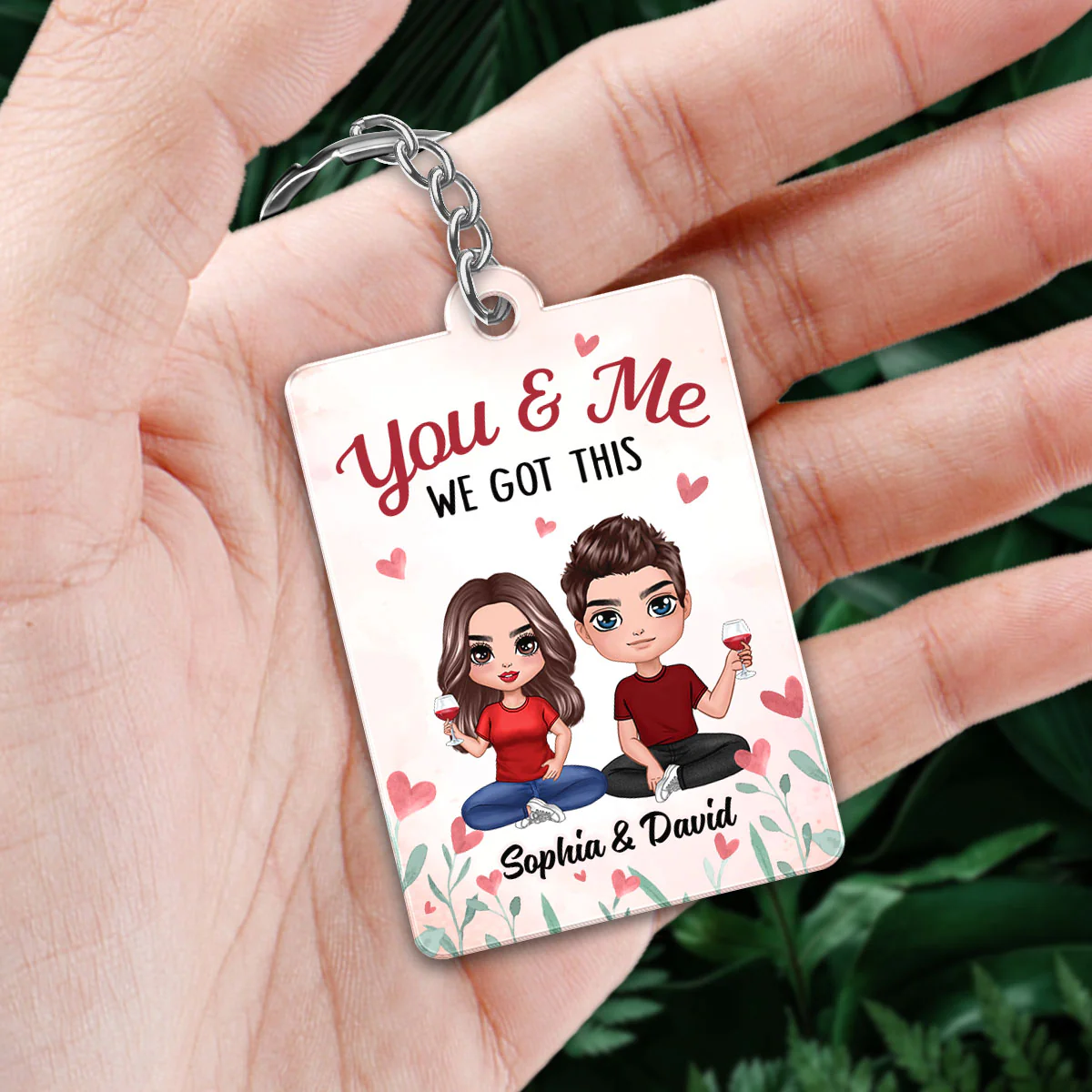Doll Couple Sitting Flower Hearts Favorite Song QR Code Personalized Acrylic Keychain - Image 2