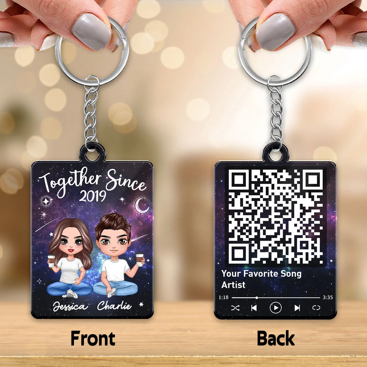 Doll Couple Sitting Galaxy Night Favorite Song Scannable QR Code Personalized Acrylic Keychain - Image 2
