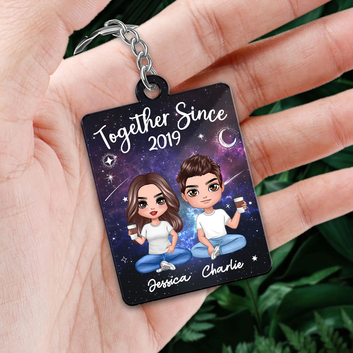 Doll Couple Sitting Galaxy Night Favorite Song Scannable QR Code Personalized Acrylic Keychain - Image 3