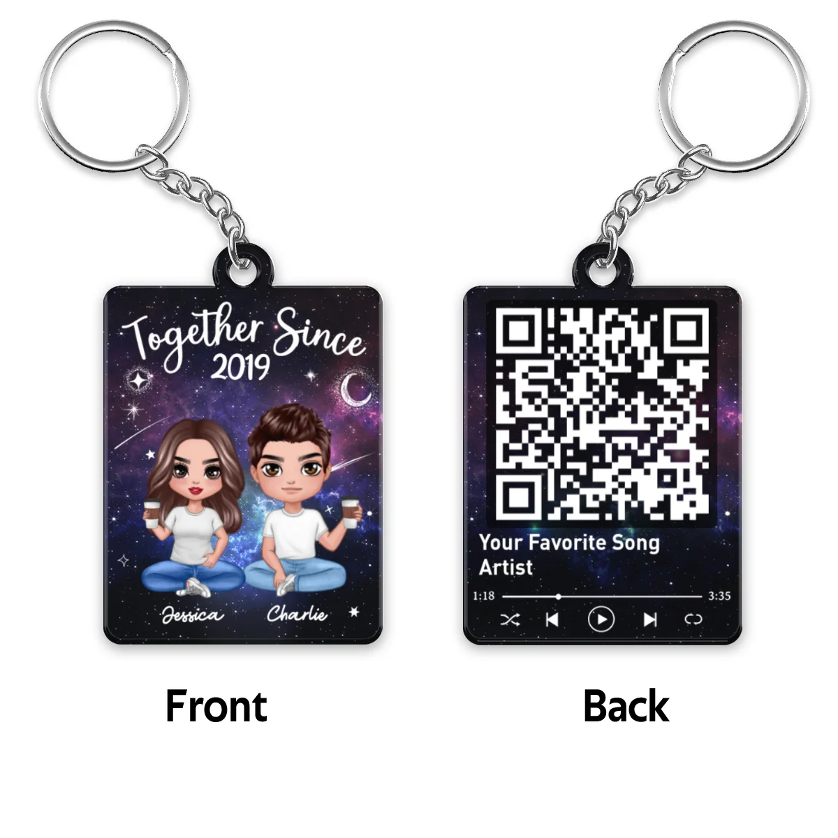Doll Couple Sitting Galaxy Night Favorite Song Scannable QR Code Personalized Acrylic Keychain - Image 4