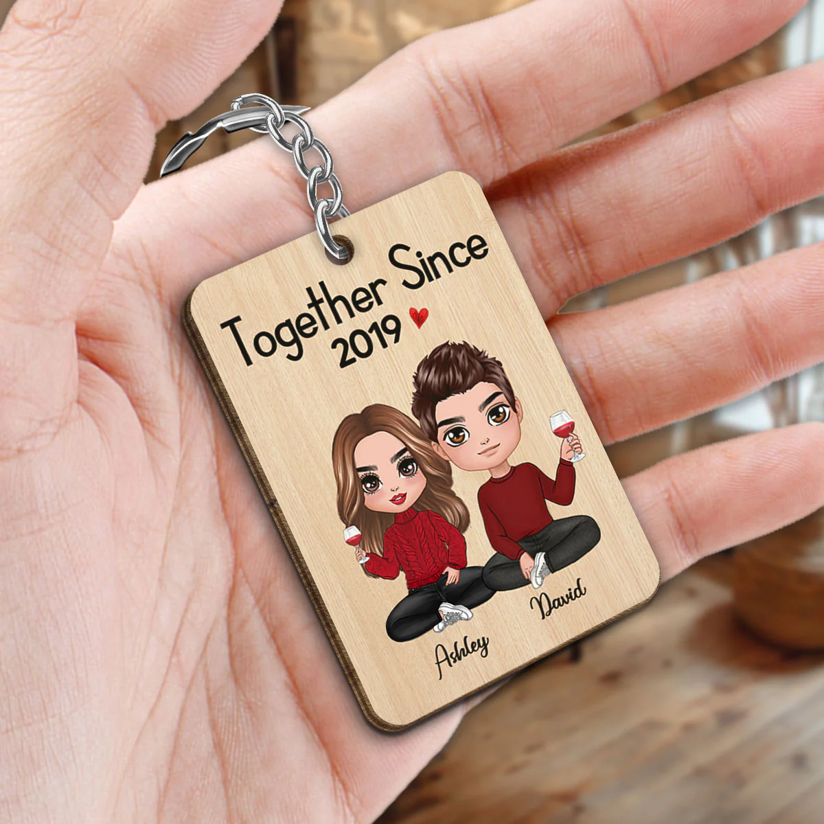 Doll Couple Sitting Gift For Him For Her Personalized Wooden Keychain - Image 2