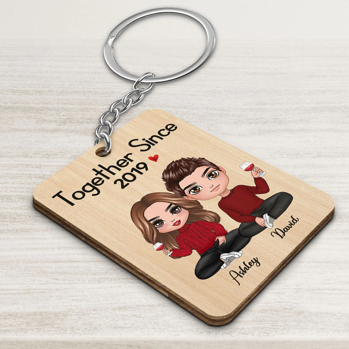 Doll Couple Sitting Gift For Him For Her Personalized Wooden Keychain - Image 3