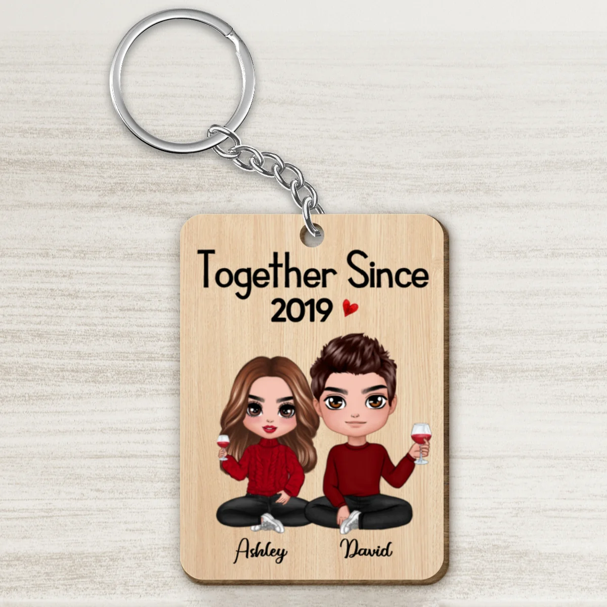 Doll Couple Sitting Gift For Him For Her Personalized Wooden Keychain - Image 4