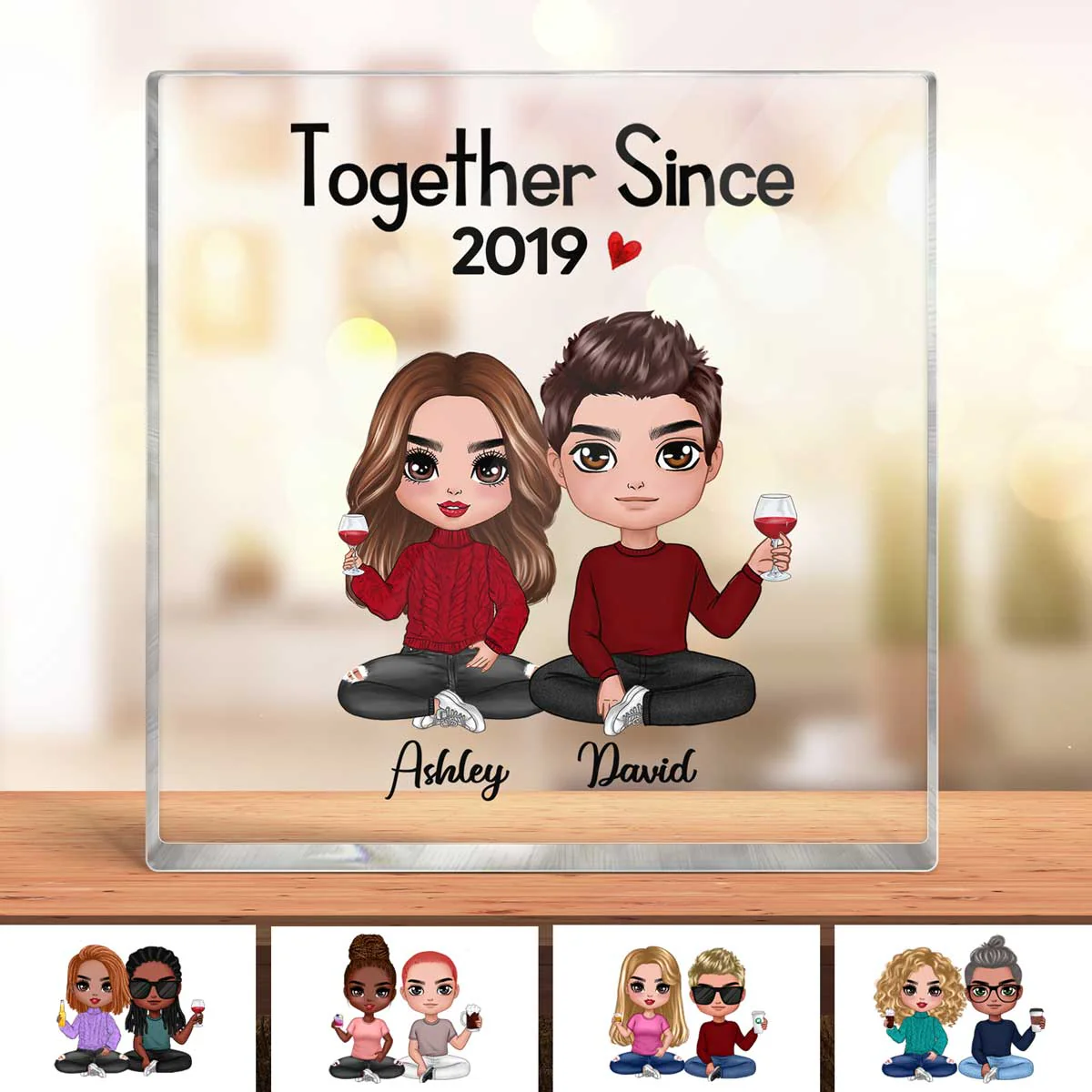 Doll Couple Sitting Gift For Him Gift For Her Personalized Square Acrylic Block Plaque - Image 2