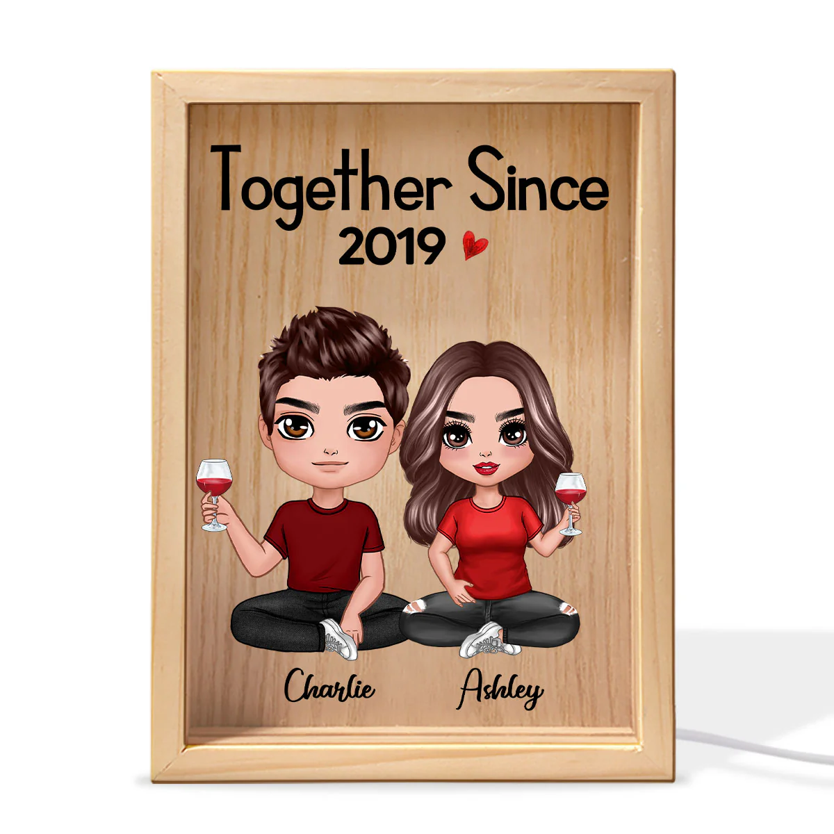 Doll Couple Sitting Gift For Him Gift For Her Personalized Wooden Frame Light Box - Image 2