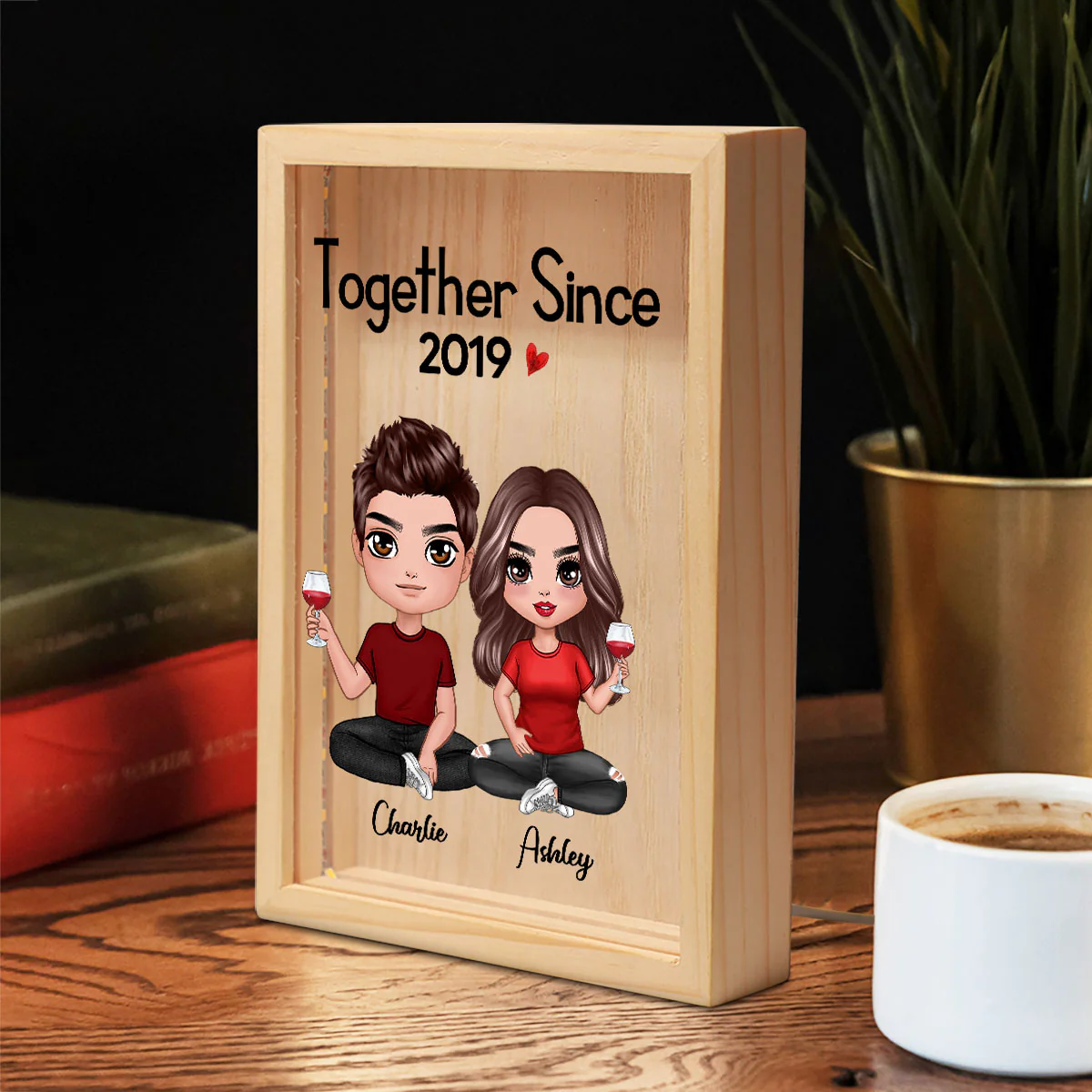 Doll Couple Sitting Gift For Him Gift For Her Personalized Wooden Frame Light Box - Image 6
