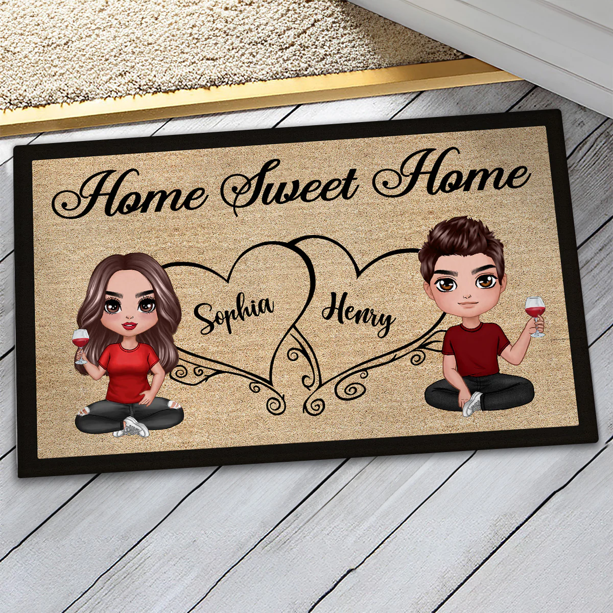 Doll Couple Sitting Home Sweet Home Housewarming Gift Home Decor Personalized Doormat - Image 3