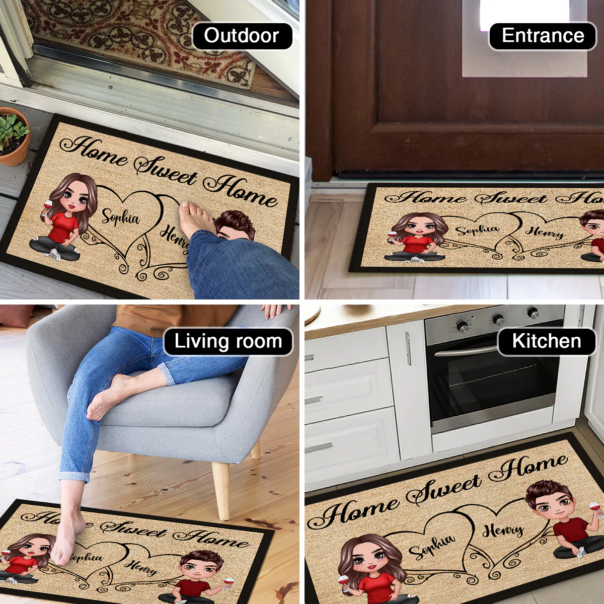 Doll Couple Sitting Home Sweet Home Housewarming Gift Home Decor Personalized Doormat - Image 5