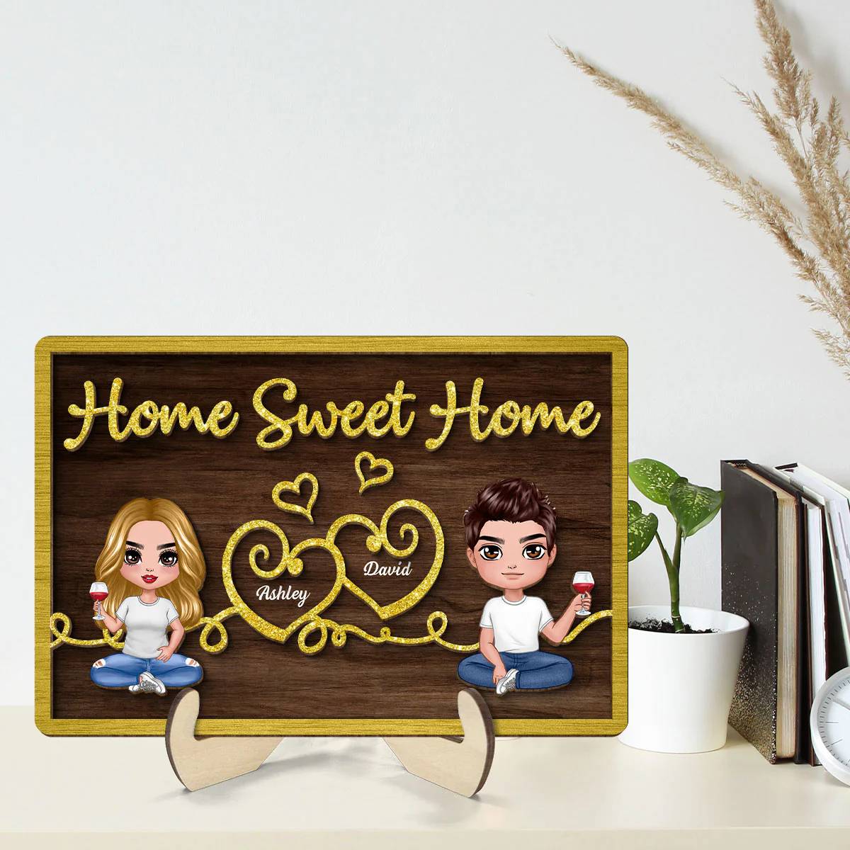 Doll Couple Sitting Home Sweet Home Valentine‘s Day Gift For Him For Her Personalized 2-Layer Wooden Plaque - Image 2