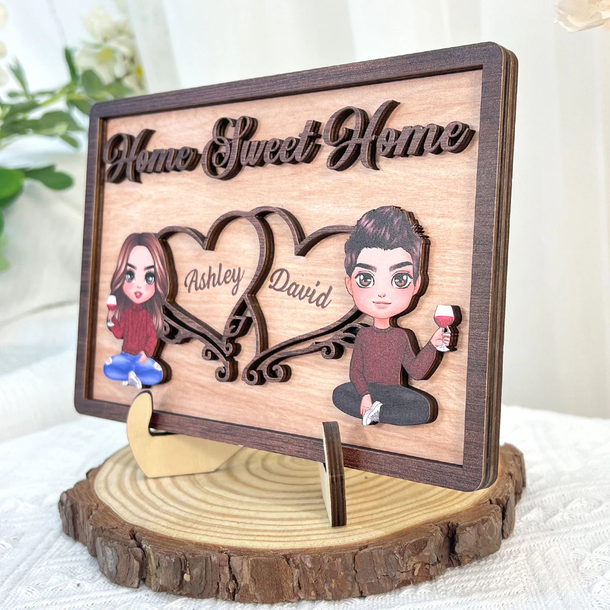 Doll Couple Sitting Home Sweet Home Valentine‘s Day Gift Personalized 2-Layer Wooden Plaque - Image 2