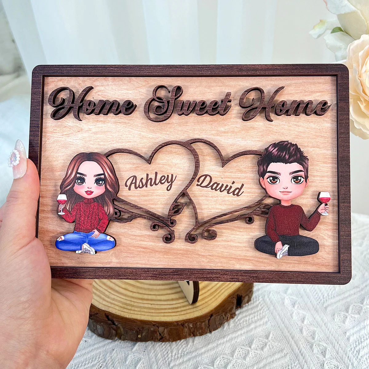 Doll Couple Sitting Home Sweet Home Valentine‘s Day Gift Personalized 2-Layer Wooden Plaque - Image 3