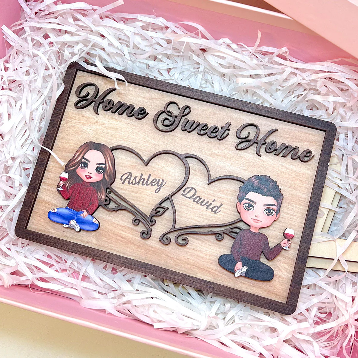 Doll Couple Sitting Home Sweet Home Valentine‘s Day Gift Personalized 2-Layer Wooden Plaque - Image 4
