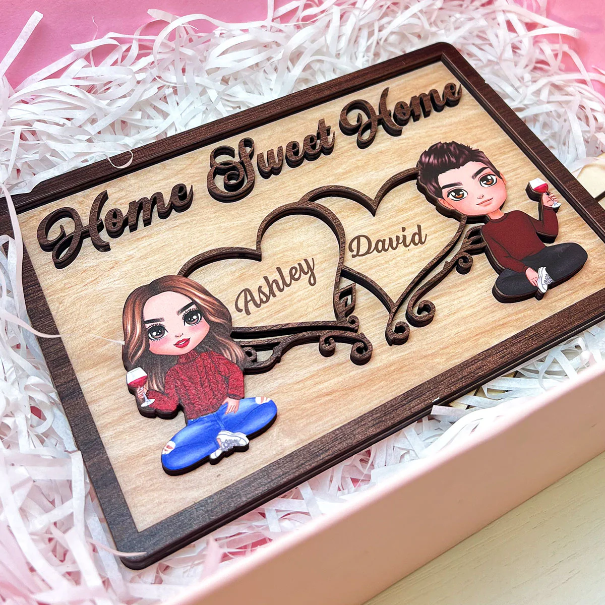 Doll Couple Sitting Home Sweet Home Valentine‘s Day Gift Personalized 2-Layer Wooden Plaque - Image 5