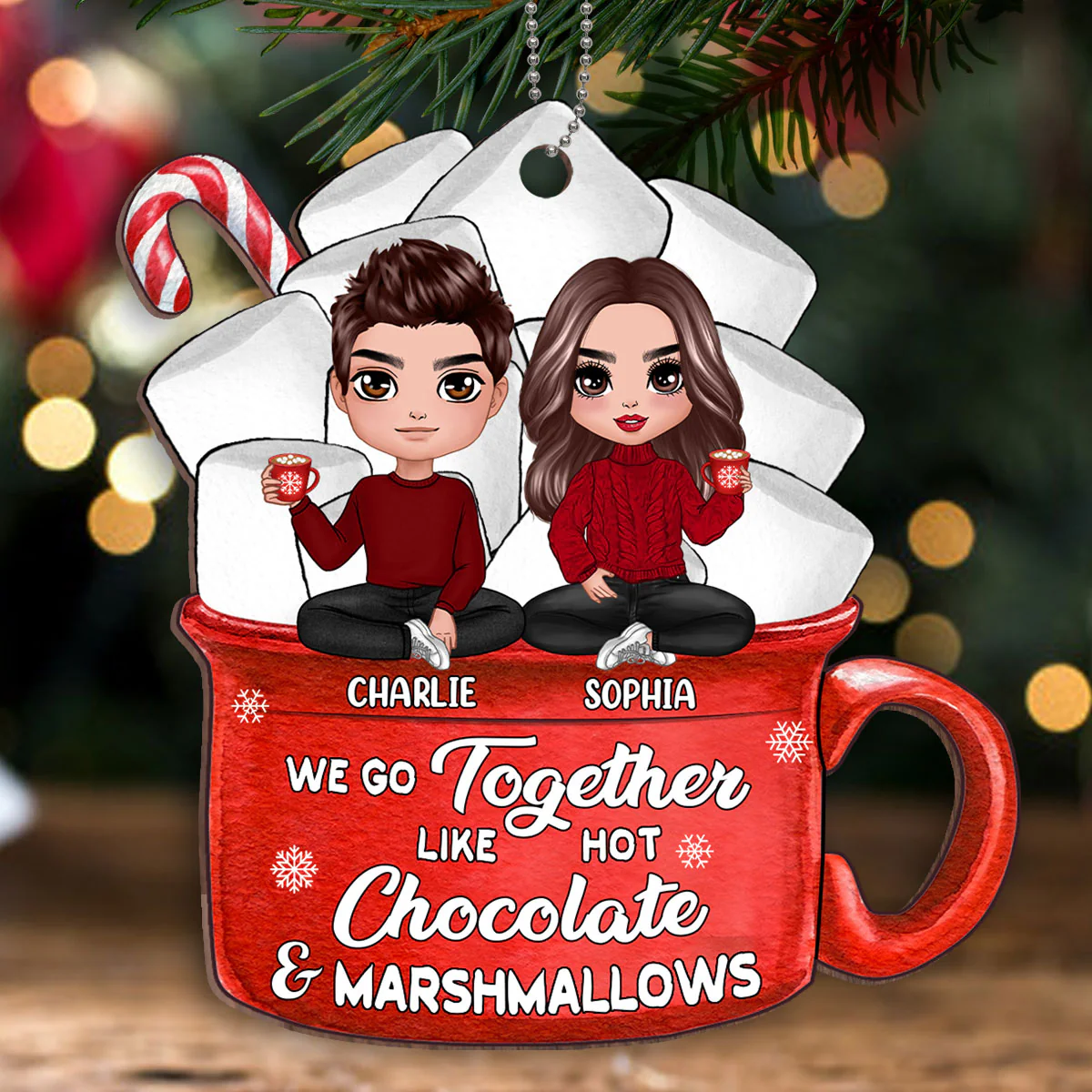 Doll Couple Sitting Hot Chocolate And Marshmallows Personalized Wooden Ornament - Image 2