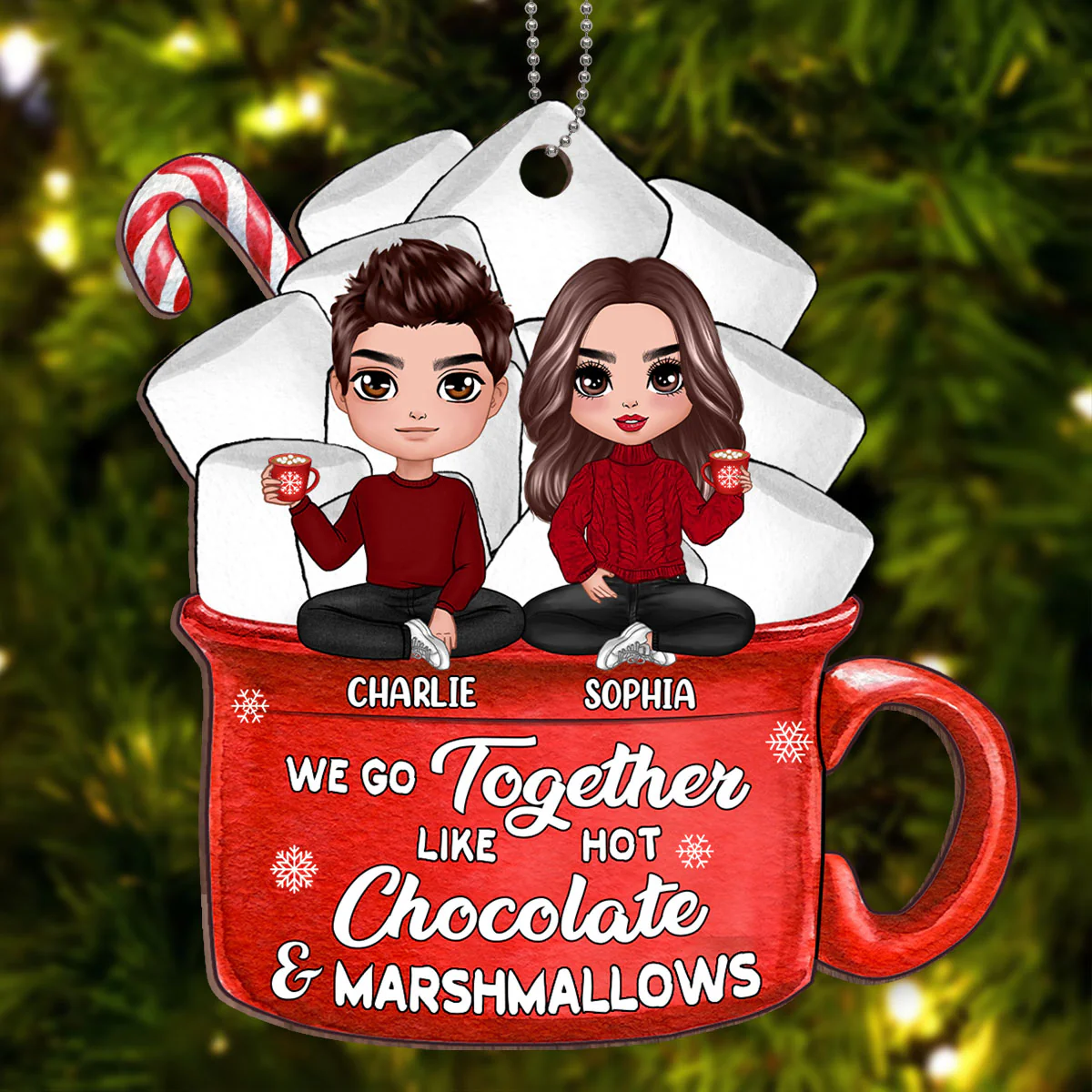 Doll Couple Sitting Hot Chocolate And Marshmallows Personalized Wooden Ornament - Image 3