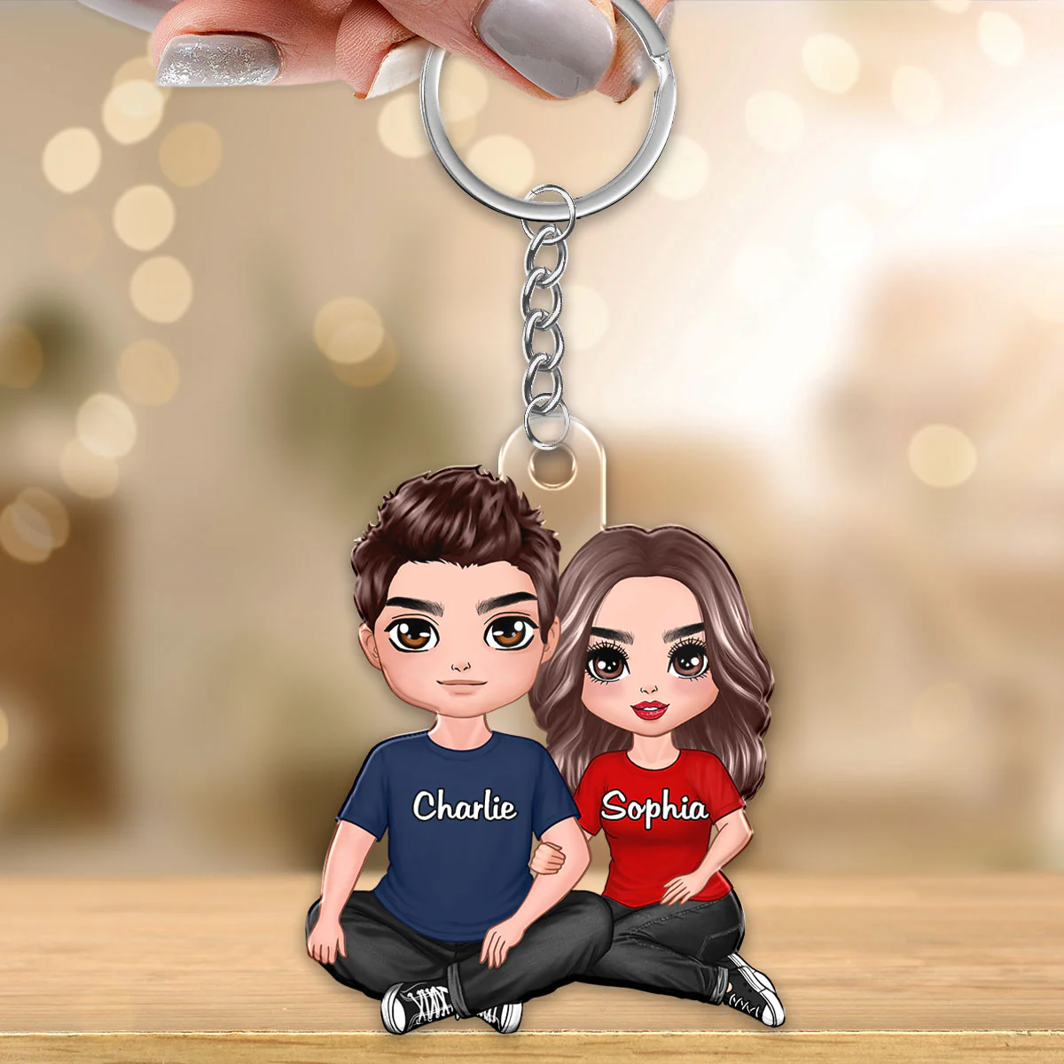 Doll Couple Sitting Hugging Gift For Him For Her Personalized Acrylic Keychain - Image 3