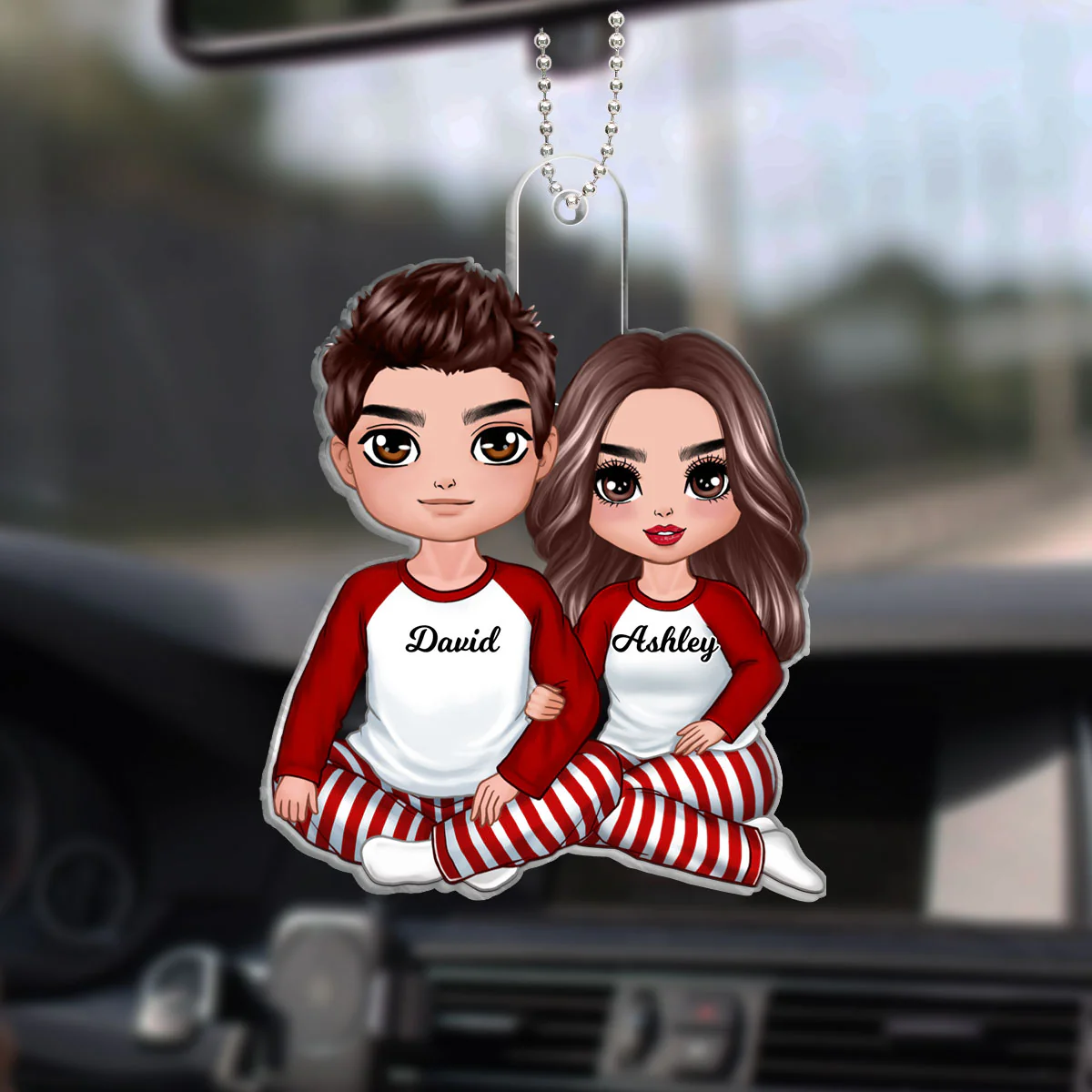 Doll Couple Sitting Hugging Personalized Acrylic Car Hanger