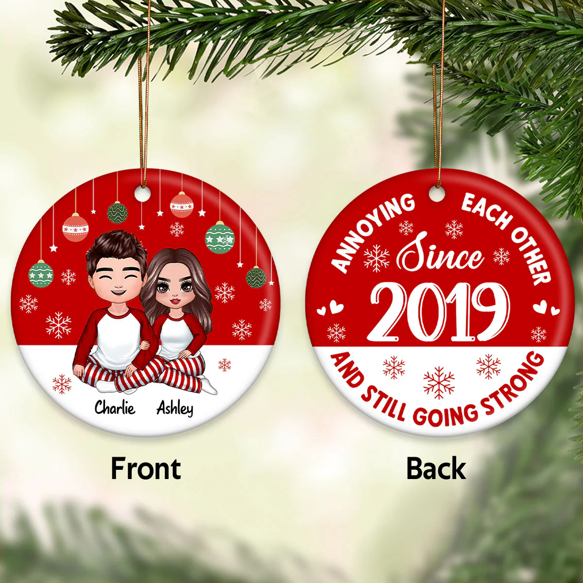 Doll Couple Sitting Hugging Red Background Personalized Double Sided Circle Ornament