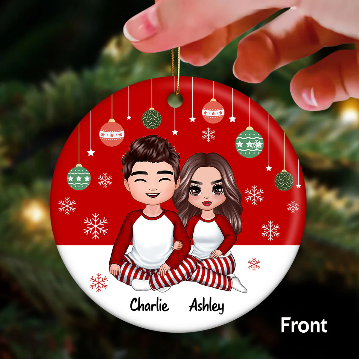 Doll Couple Sitting Hugging Red Background Personalized Double Sided Circle Ornament - Image 2