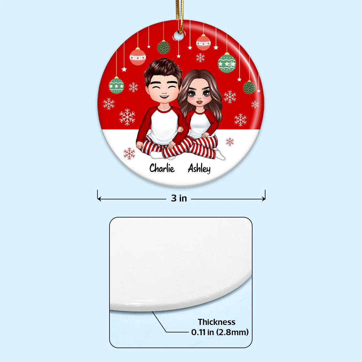 Doll Couple Sitting Hugging Red Background Personalized Double Sided Circle Ornament - Image 4