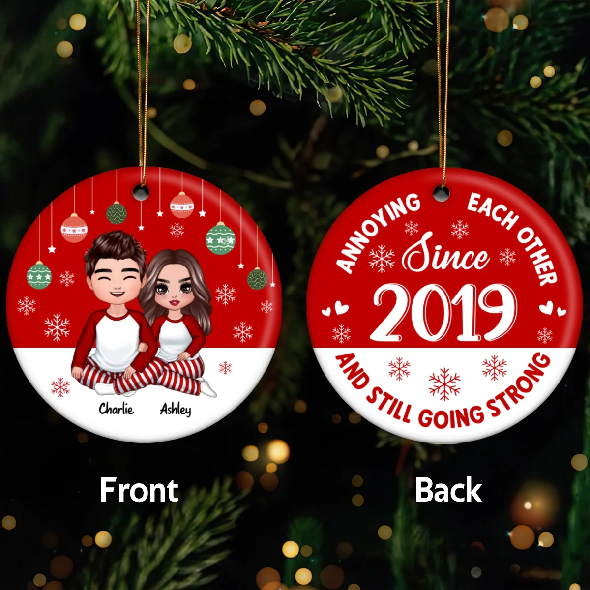 Doll Couple Sitting Hugging Red Background Personalized Double Sided Circle Ornament - Image 5