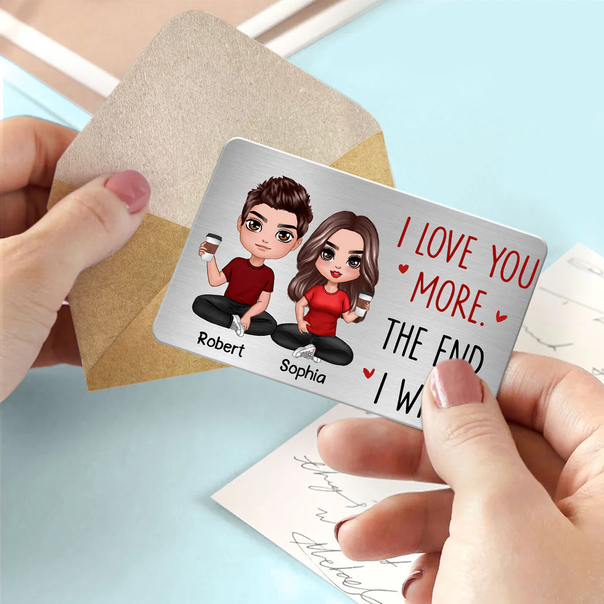 Doll Couple Sitting I Love You More Gift For Him Gift For Her Personalized Metal Wallet Card - Image 3
