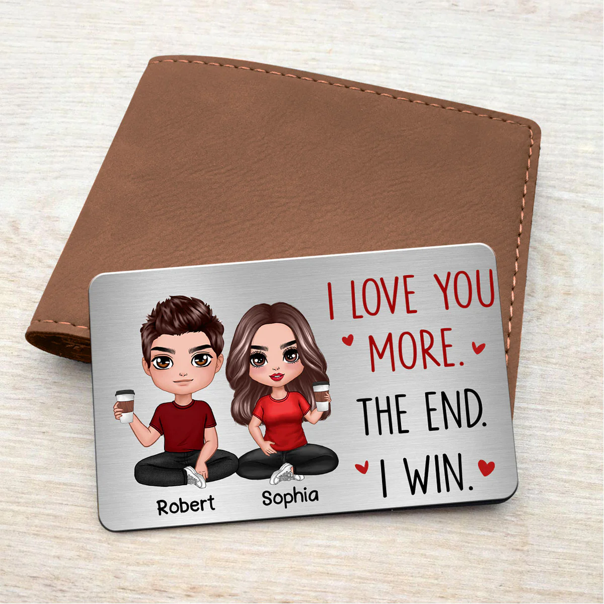 Doll Couple Sitting I Love You More Gift For Him Gift For Her Personalized Metal Wallet Card - Image 4