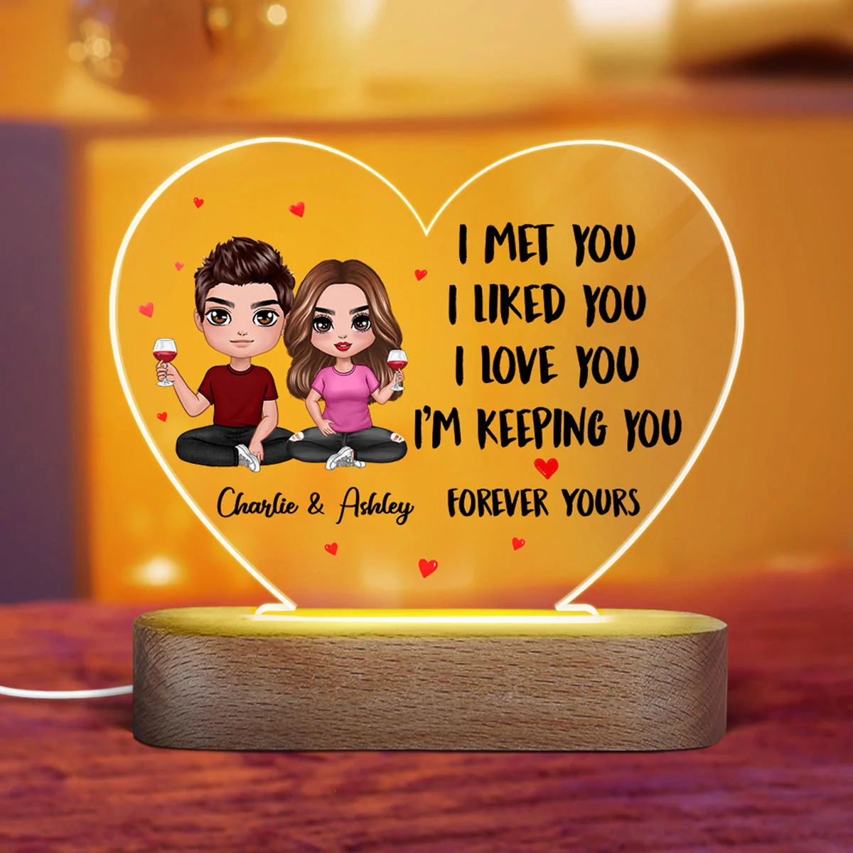Doll Couple Sitting I Met You Gift For Him For Her Personalized Acrylic Heart Plaque LED Night Light - Image 3