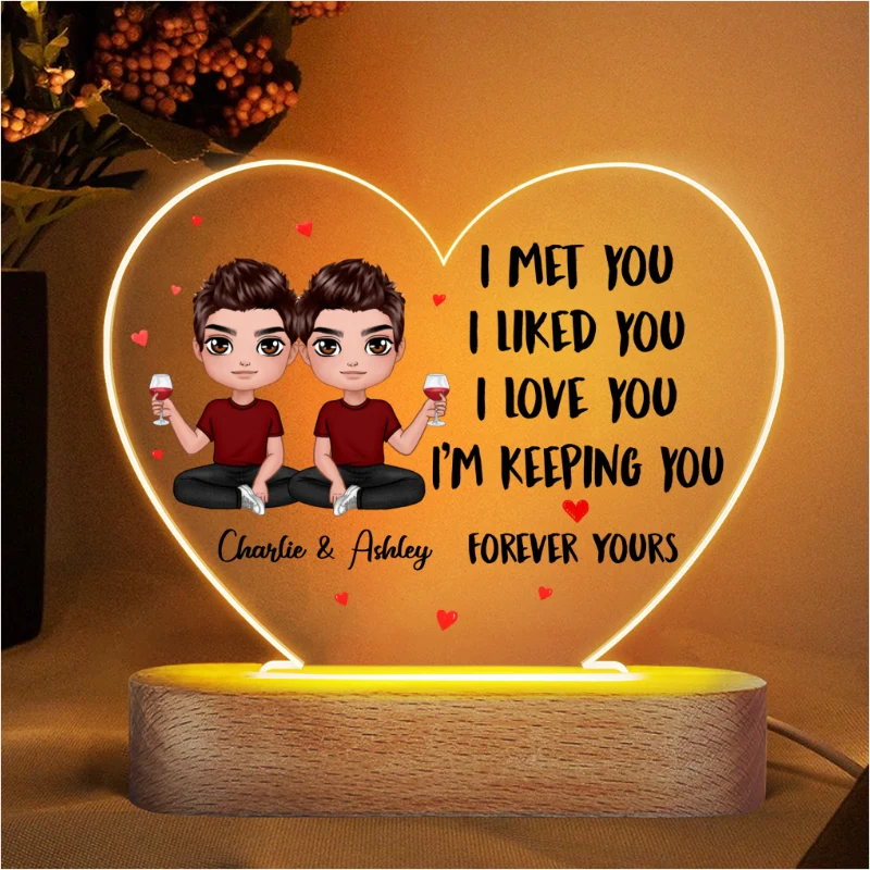 Doll Couple Sitting I Met You Gift For Him For Her Personalized Acrylic Heart Plaque LED Night Light - Image 4