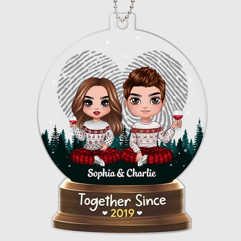 Doll Couple Sitting In Snow Globe Personalized Acrylic Ornament - Image 2