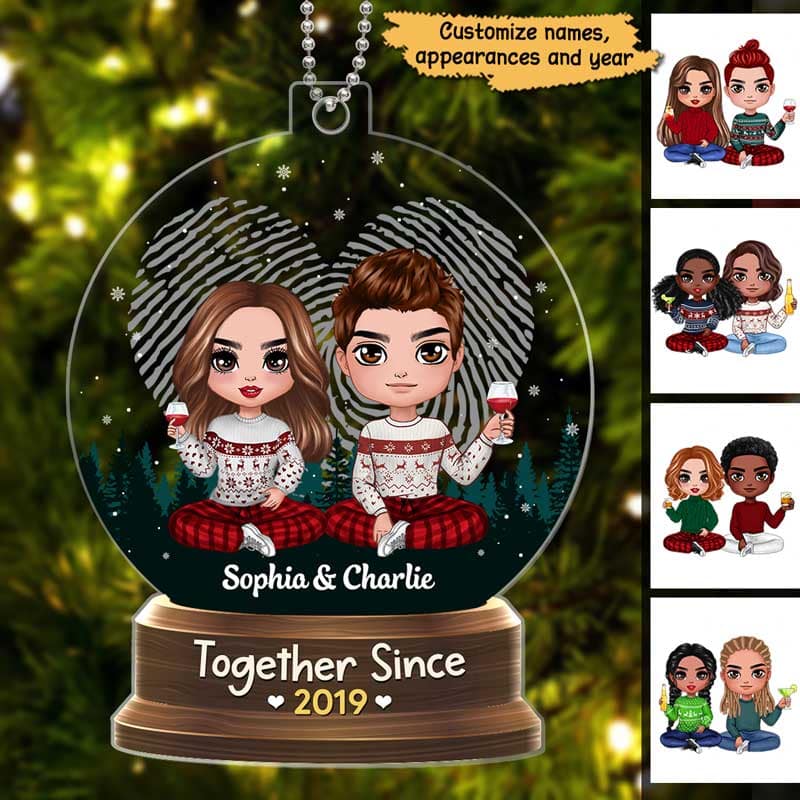 Doll Couple Sitting In Snow Globe Personalized Acrylic Ornament - Image 3