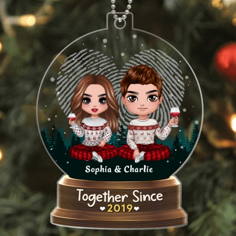 Doll Couple Sitting In Snow Globe Personalized Acrylic Ornament - Image 4