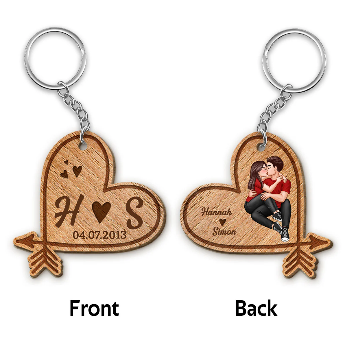 Doll Couple Sitting Kissing Heart Arrow Personalized Wooden Keychain
