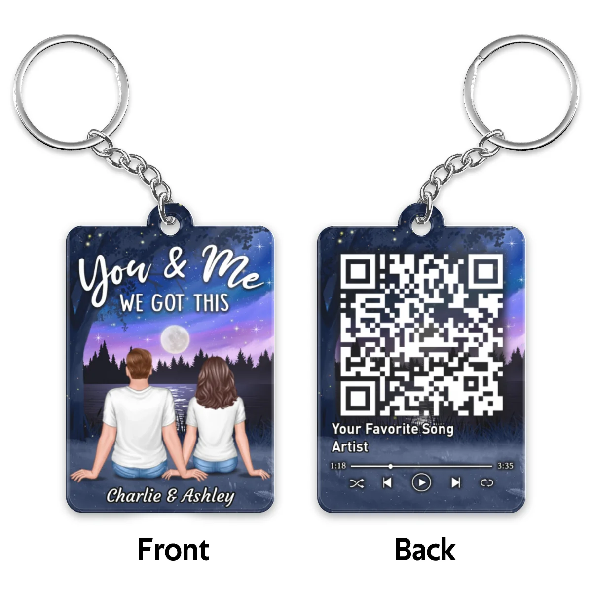 Doll Couple Sitting Lake Night Sky Favorite Song QR Code Personalized Acrylic Keychain - Image 4