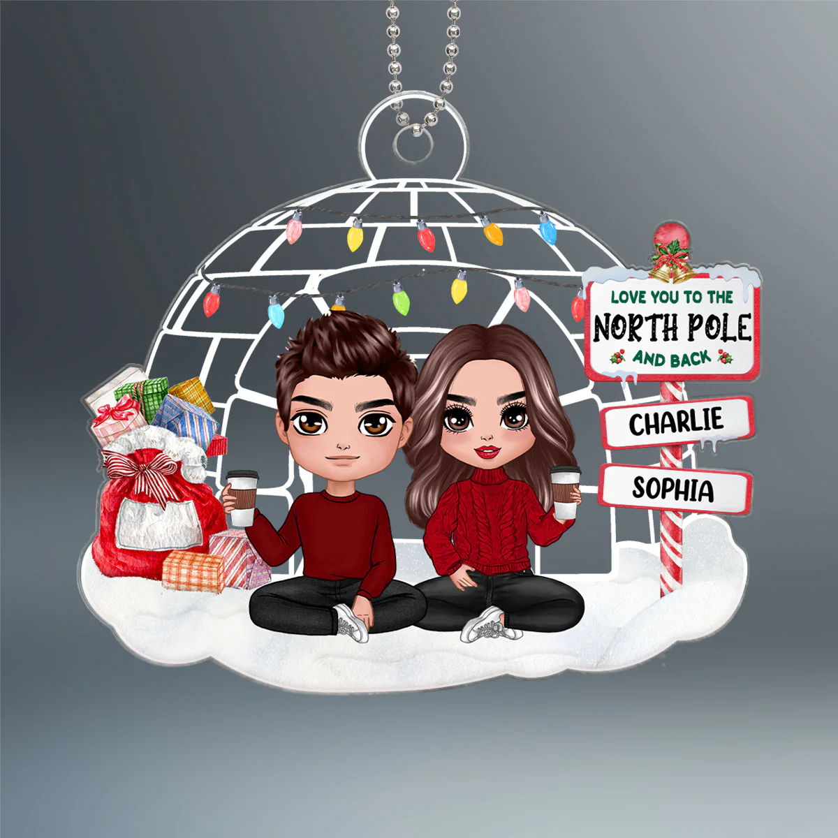 Doll Couple Sitting Love You To The North Pole And Back Personalized Acrylic Ornament - Image 2