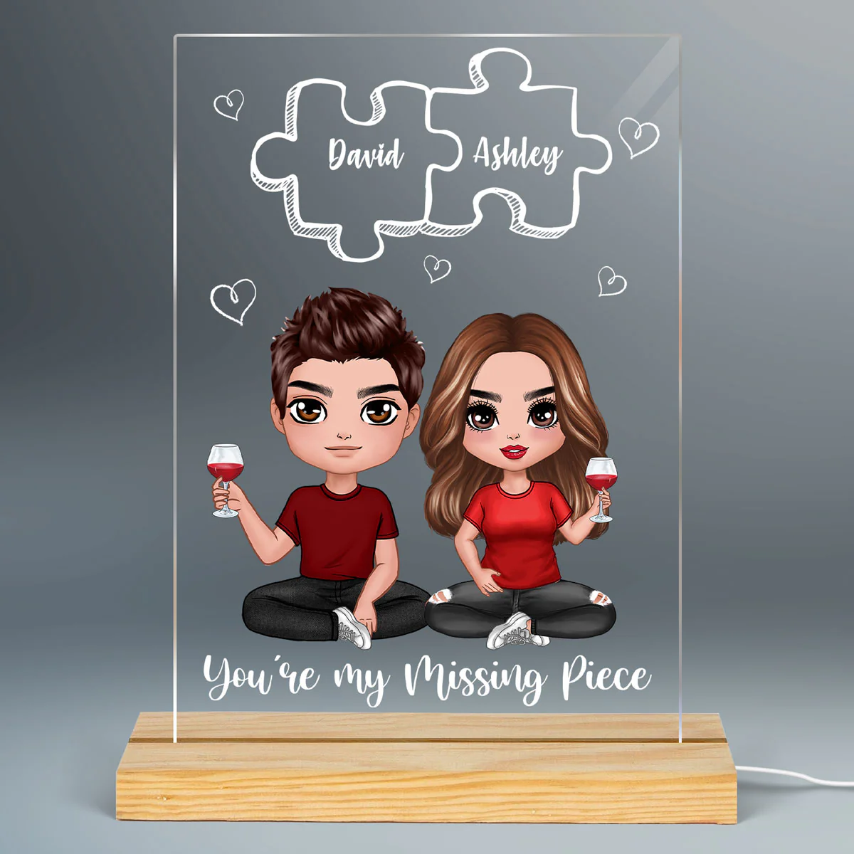 Doll Couple Sitting Missing Piece Personalized Rectangle Acrylic Plaque With LED Night Light - Valentine‘s Day Gift - Anniversary Gift For Him - Gift For Her - Image 2
