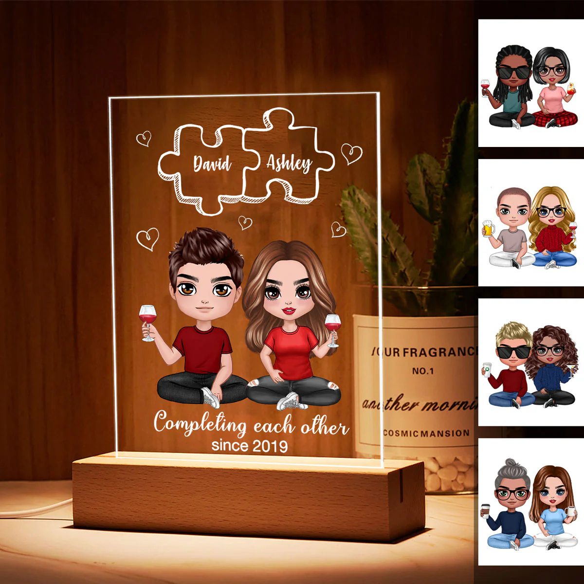 Doll Couple Sitting Missing Piece Personalized Rectangle Acrylic Plaque With LED Night Light - Valentine‘s Day Gift - Anniversary Gift For Him - Gift For Her - Image 3