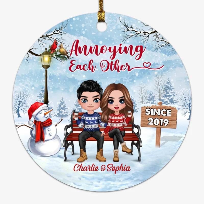 Doll Couple Sitting On Bench Personalized Circle Ornament - Image 2