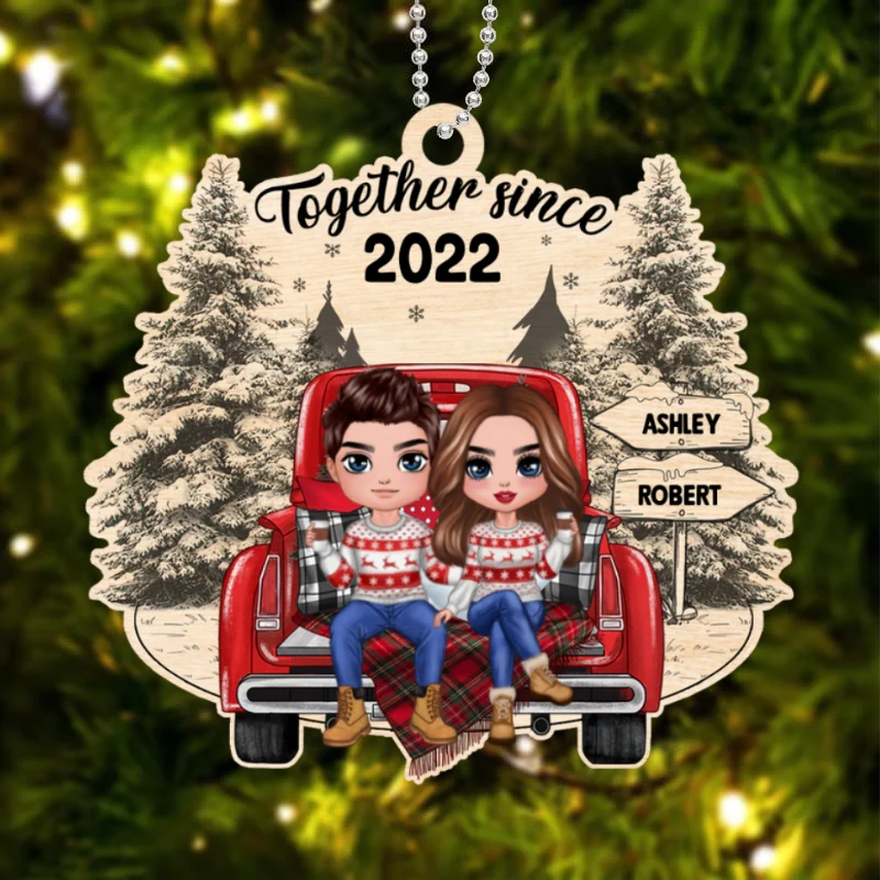 Doll Couple Sitting On Christmas Truck Personalized Wooden Ornament - Image 4