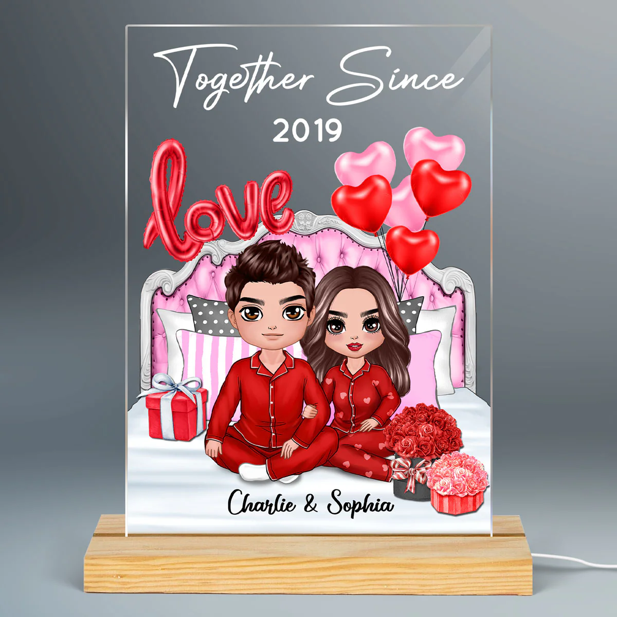 Doll Couple Sitting On Love Bed Personalized Plaque LED Night Light - Image 2