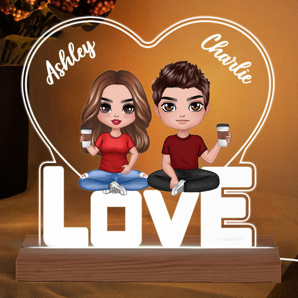 Doll Couple Sitting On LOVE Heart Personalized Custom Shape LED - Image 2