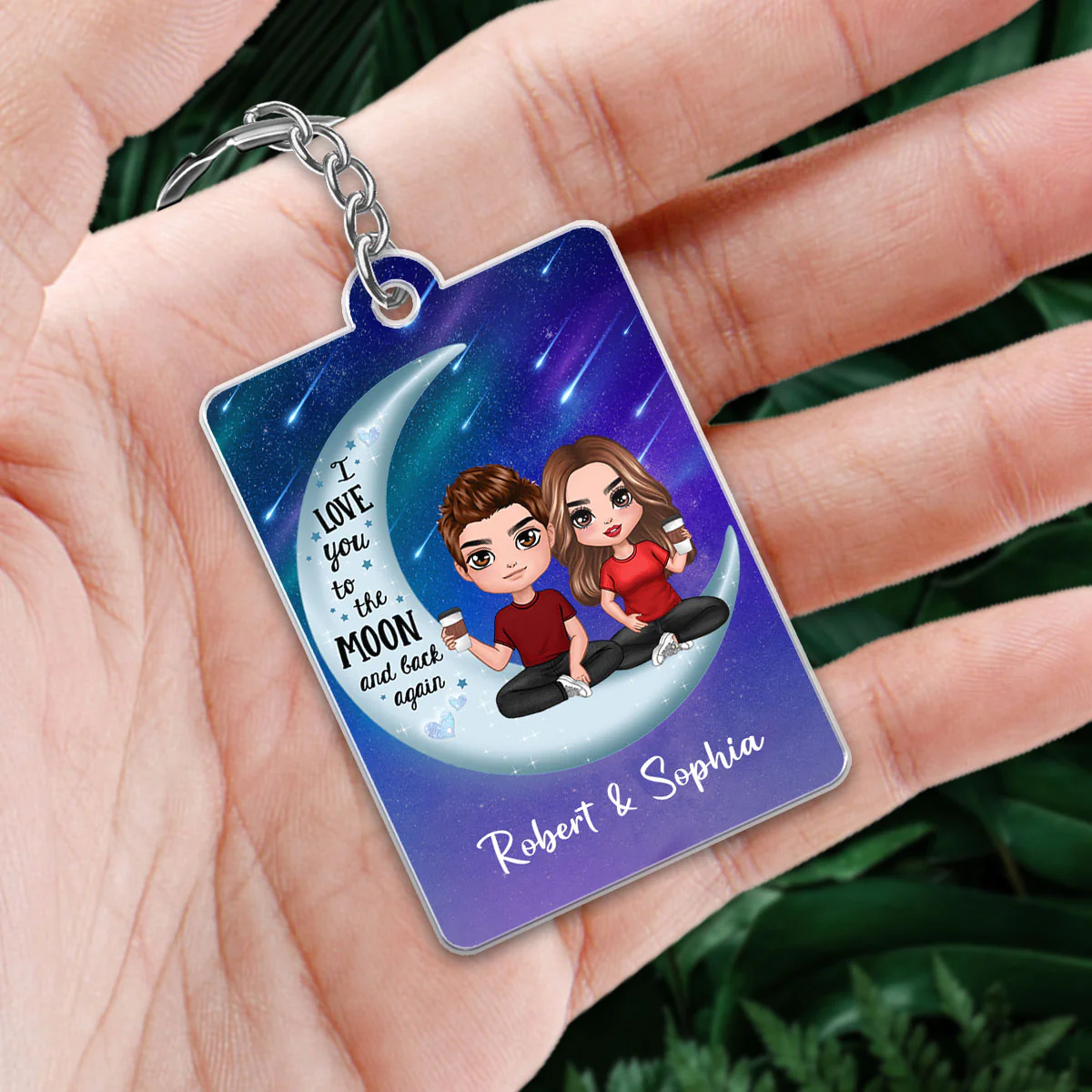 Doll Couple Sitting On Moon I Love You To The Moon And Back Favorite Song Scannable QR Code Personalized Acrylic Keychain - Image 2