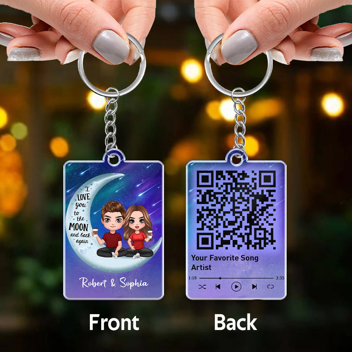 Doll Couple Sitting On Moon I Love You To The Moon And Back Favorite Song Scannable QR Code Personalized Acrylic Keychain - Image 3
